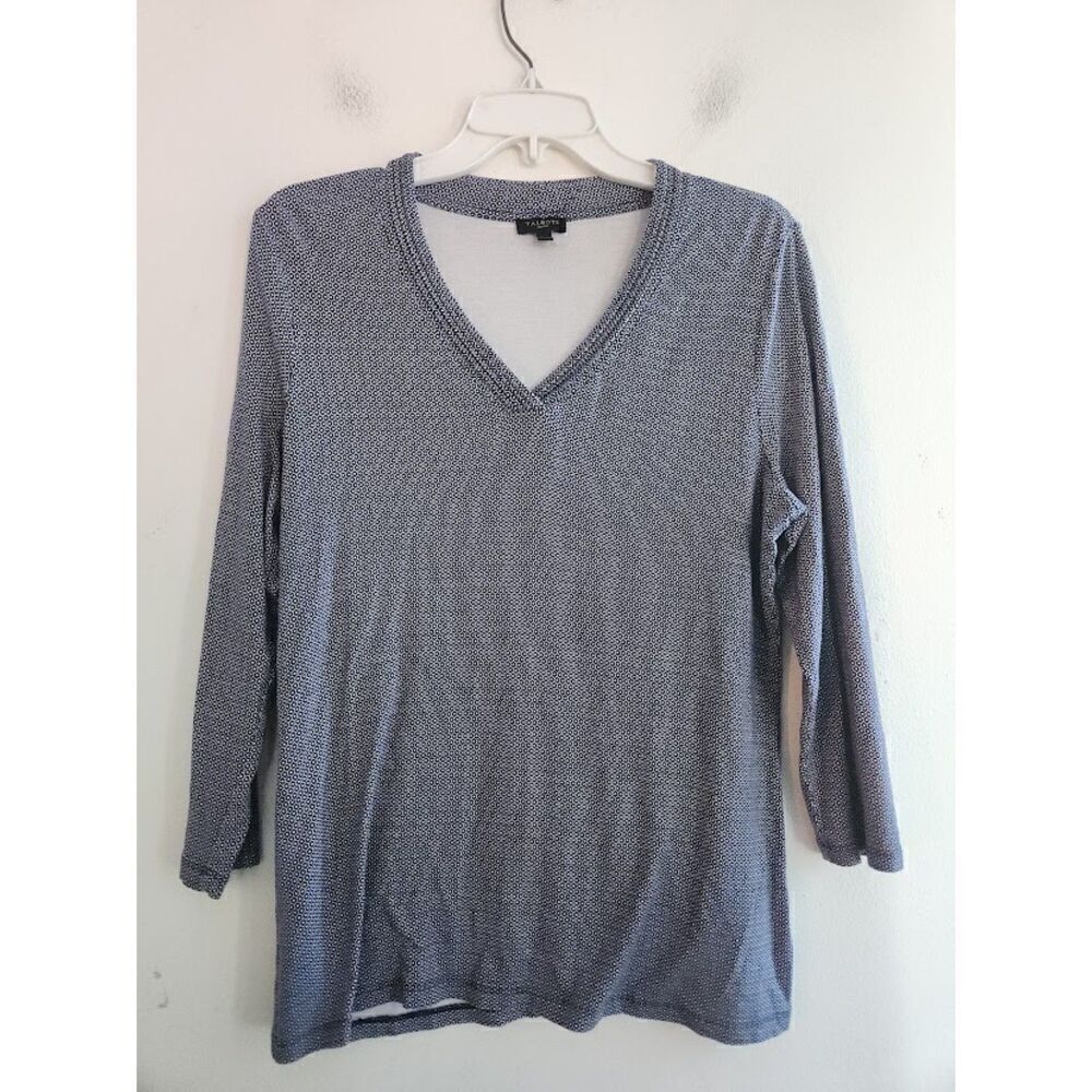 Talbots Blue w/White Diamond Print V-Neck Jersey Knit Blouse size Medium Petite